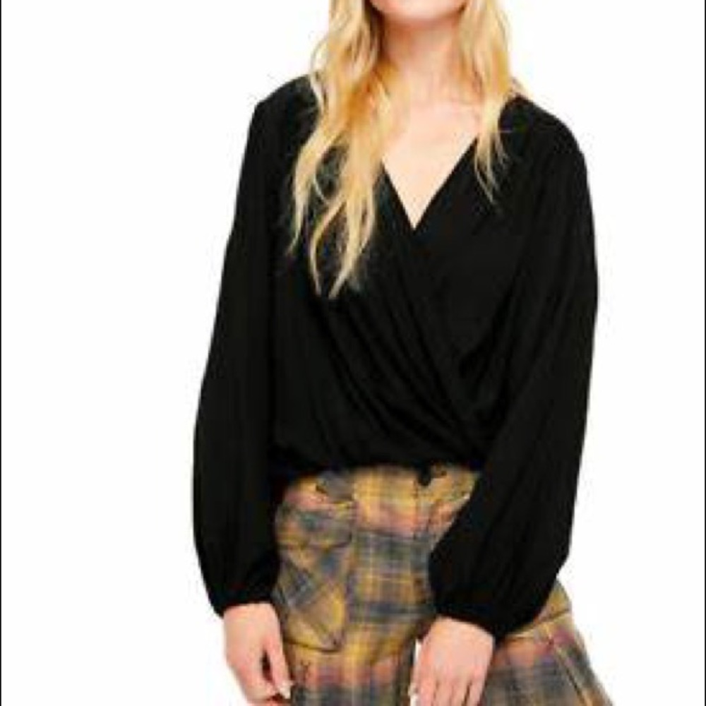 FREE PEOPLE Black Check It Out Wrap Blouse ~ NWT